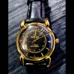 Rare Roamer Mechanical Mens Swiss‎ Watch Serviced Gld-Blk-Blk